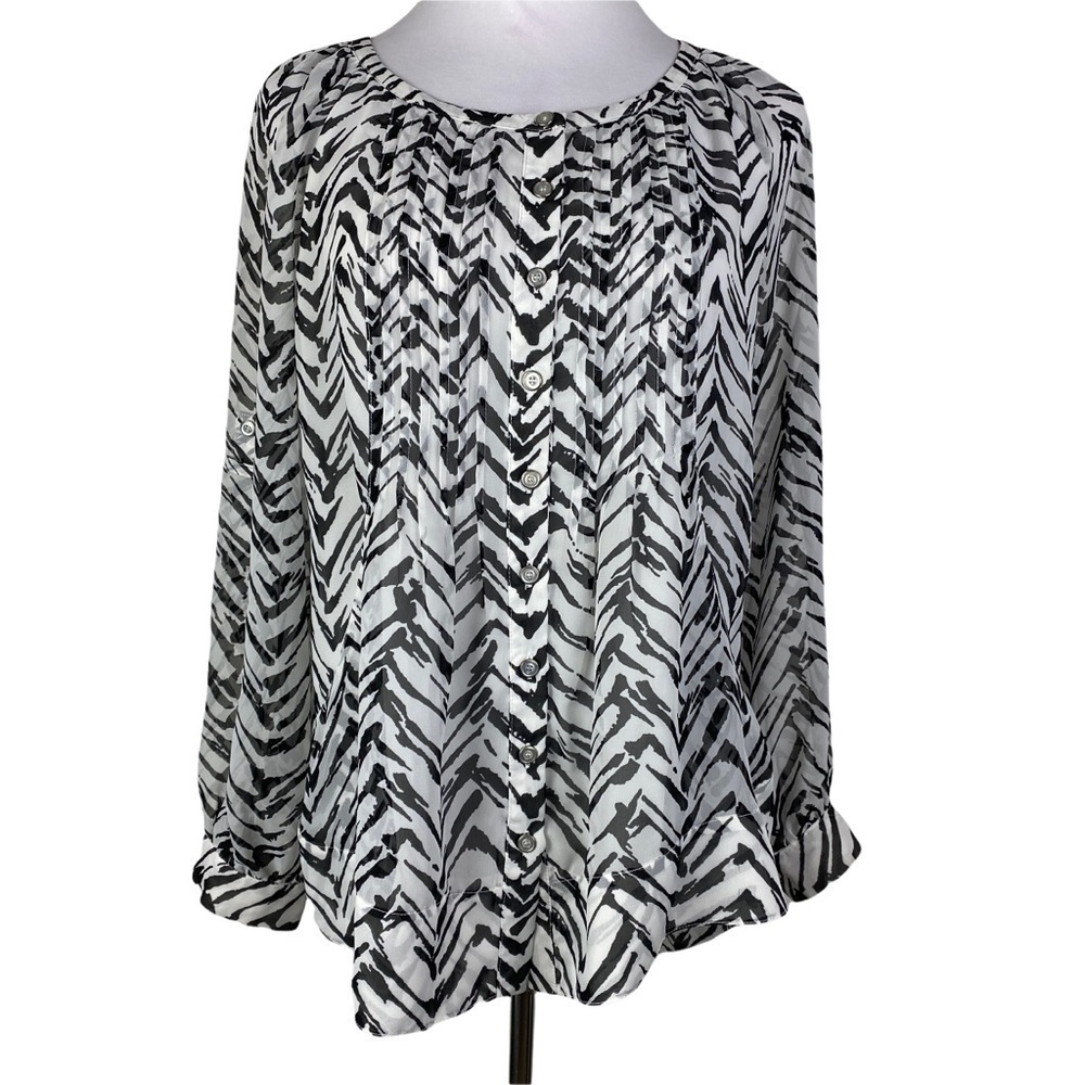 Grace Elements Chevron Striped Button Down Blouse Women's Medium Black White